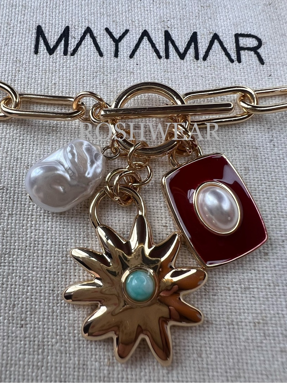 Gold-Tone Charm Pendant Necklace with Red and Pearl Accents NWOT - Picture 5 of 7